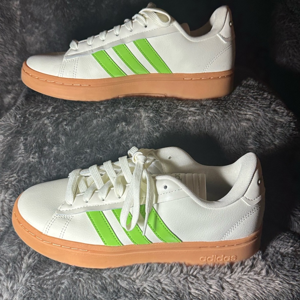 Adidas White and Green Sneakers with Tan Soles